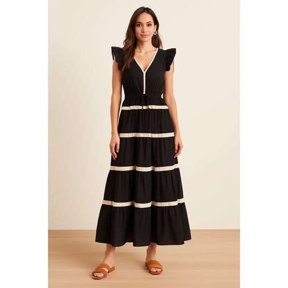 Aureum Collective V-Neck Ruffle Sleeve Maxi Dress Black White Cotton Size XS - Picture 1 of 7